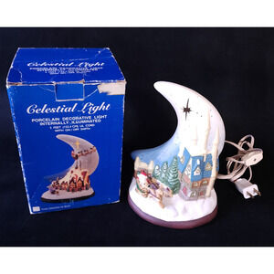 Vintage Porcelain Crescent Moon Christmas Village Celestial Night Light Lamp Old